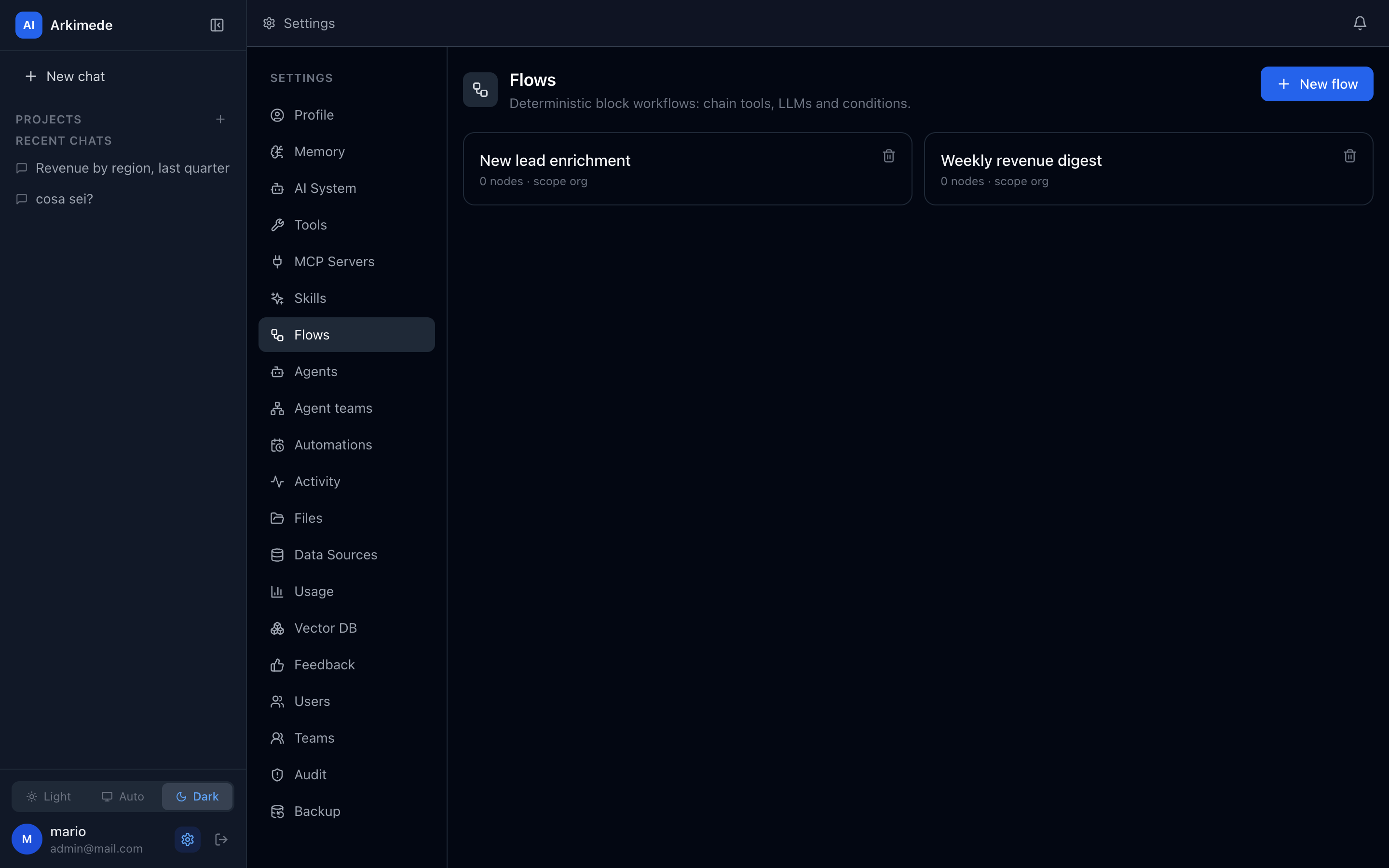 The flow canvas: a DAG of HTTP, LLM, condition and tool nodes.