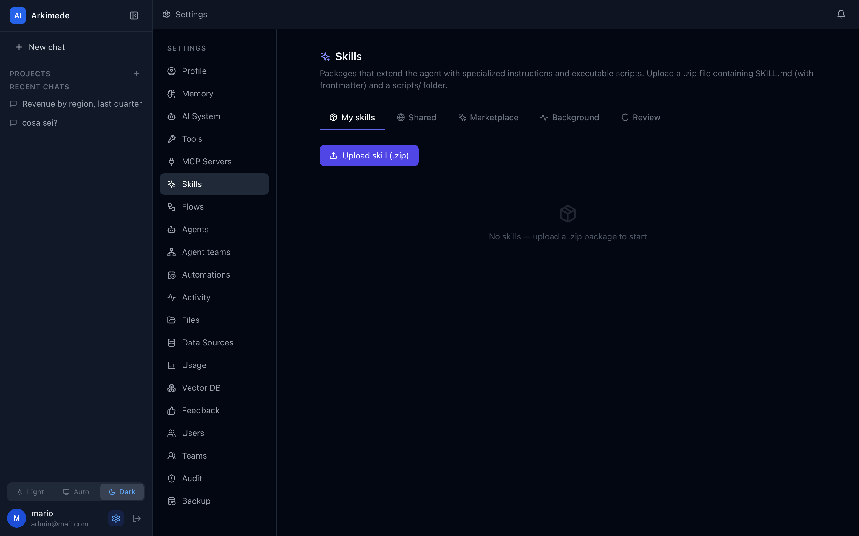 The skills marketplace, listing installable executable packages.